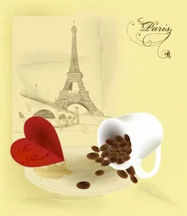 Papier Peint photo Illustration Paris Carte de voeux vintage avec tour eiffel, café et coeur