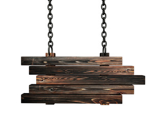 Old wooden sign on the chains. Isolated on white