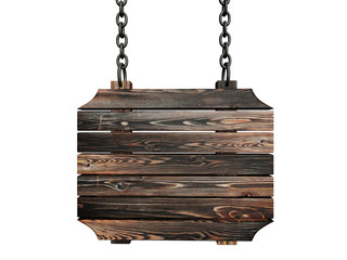 Old wooden sign on the chains. Isolated on white