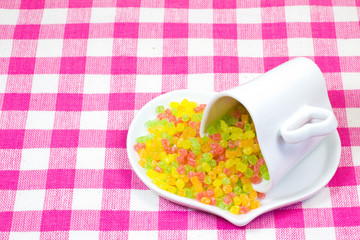colorful dried fruits and coffee cup
