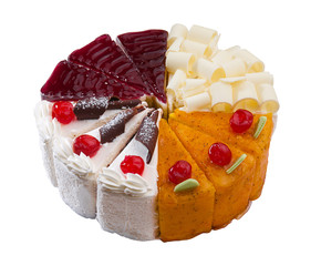 Variety of slice cakes isolated on white background