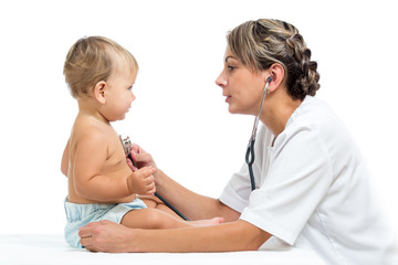 smiling doctor examining baby isolated on white background