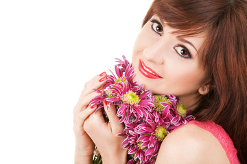 Naklejka premium Portrait of a young beautiful woman with flowers