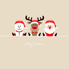Sitting Snowman, Rudolph & Santa Beige Background