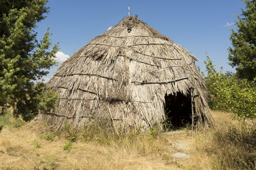 Traditional straw hut in greek country