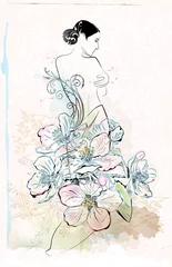  schets uit de vrije hand van mooi meisje met bloemen in art nouveau st © sannare