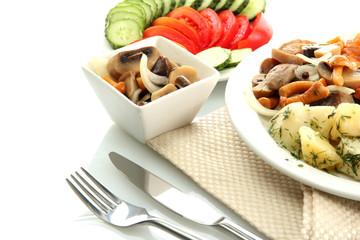 Roast chicken cutlet with boiled potatoes and  mushrooms