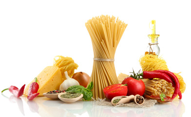 Pasta spaghetti, vegetables, spices and oil, isolated on white