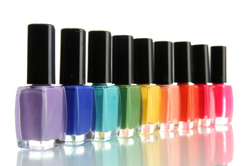 Group of bright nail polishes isolated on white