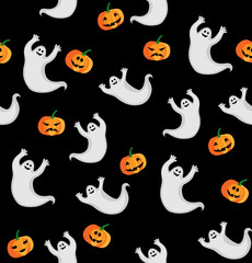 Vector Halloween pattern with ghosts and pumpkins