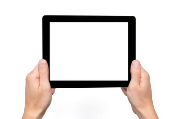 Men hands hold a tablet touch computer gadget with isolated scre