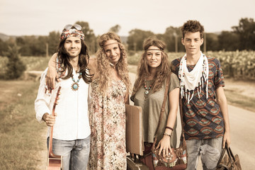 Hippie Group Walking on a Countryside Road