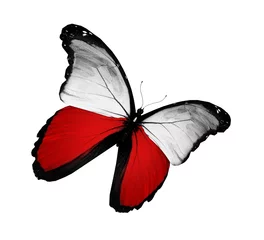 Papier Peint photo Rouge, noir, blanc Drapeau polonais papillon battant, isolé sur fond blanc