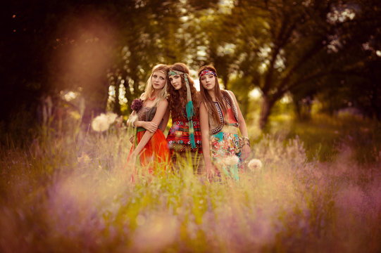 Girls of hippie in the field