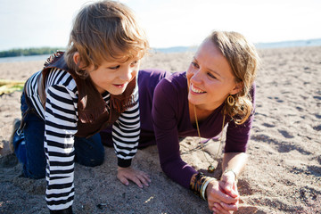 Mother and son at beach.