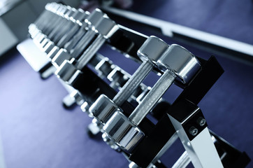 Weights, many silver dumbbell in fitness room