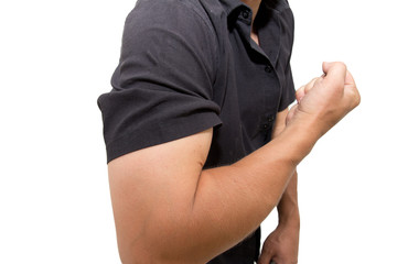 man shows strength on a white background