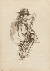 saxophoniste, dessin à la main, c& 39 est un croquis original