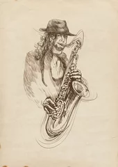 Papier Peint photo Groupe de musique saxophoniste, dessin à la main, c& 39 est un croquis original