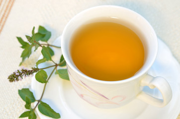 Cup of tea with mint leaves.
