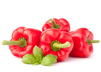 Sweet red pepper and basil leaves still life