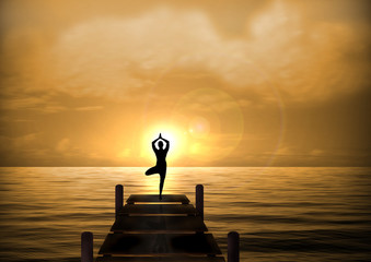 Stock Illustration of Yoga on Beach Bridge at Sunset