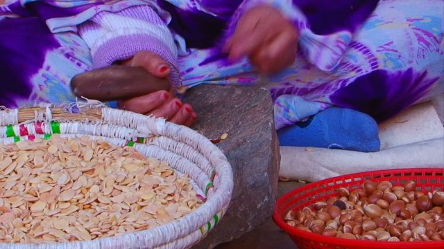  traditional methods of extracting Argan vegetable oil, a Moroccan specialty. The video may feature women or men working with handcrafted tools to crush the Argan fruit and extract its precious oil.