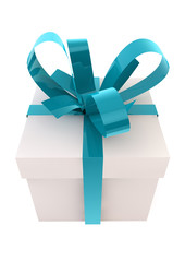 White gift box with turquoise ribbons
