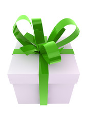 White gift box with green ribbons