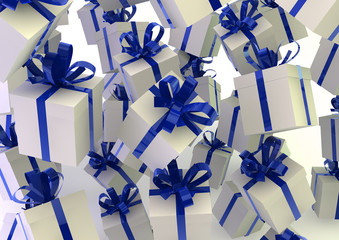 White gift boxes with blue ribbons