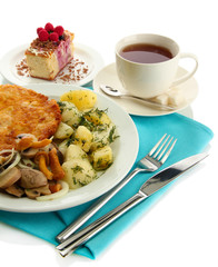 Roast chicken cutlet with boiled potatoes and  vegetables, cup