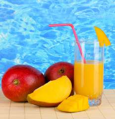 Ripe appetizing mango on woven napkin on water background
