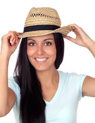 Pretty brunette woman with straw hat