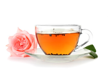 cup of tea with rose isolated on white