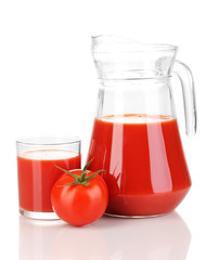 Tomato juice in pitcher and glass isolated on white