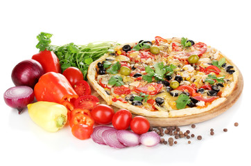 Delicious pizza with ingredients around isolated on white