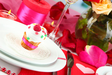 Table setting in honor of Valentine's Day close-up