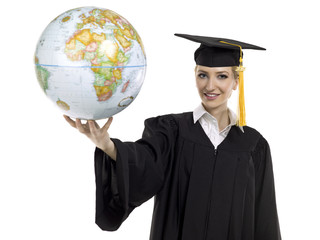 graduating female student holding world globe