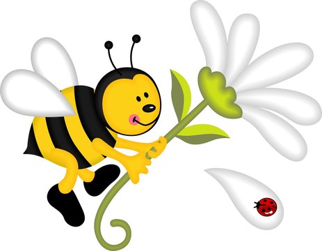 Bee flying holding flower