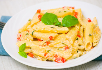 Penne pasta with cream sauce, paprika and basil