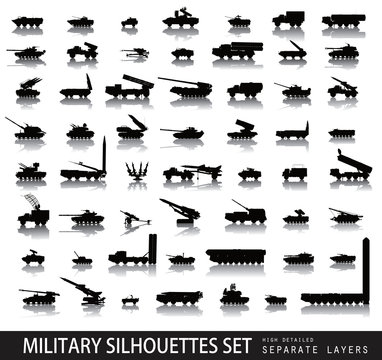 Detailed military silhouettes set. Vector
