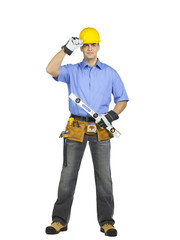 construction worker holding a level ruler