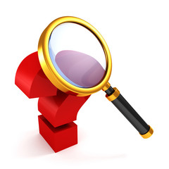 red question mark under golden magnifier glass