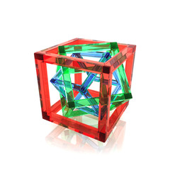 Red, green and blue wire-frame glass cubes within each other