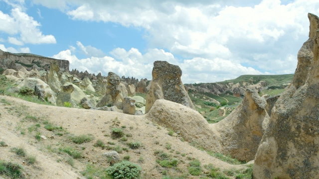 Famous Cappadocia rock formations, slow panning movie. Turkey.