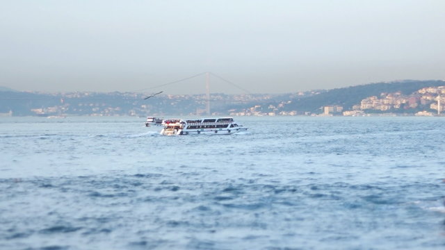 Tilt&shift miniature look of passenger ferryboat sailing through