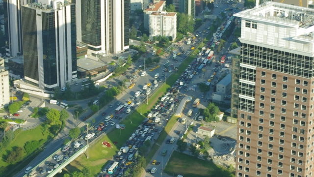 View to the freeway with zooming on traffic jam, Istanbul, Turke