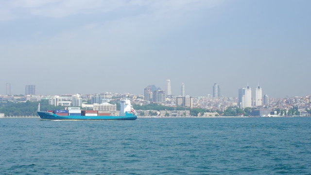 Freight ship sails through the Bosphorus strait