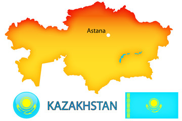Obraz premium Physical map, blue flag with the symbols of Kazakhstan