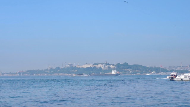 Panning view to the Maiden Tower from Salacak coast, Istanbul